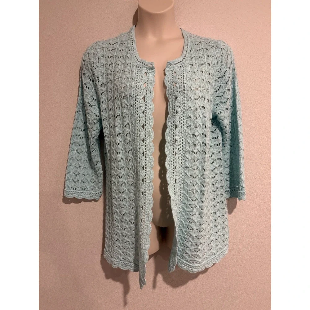 Isaac Mizrahi Aqua Crochet Knit Open Cardigan Sweater Sz L Cotton Blend Coastal